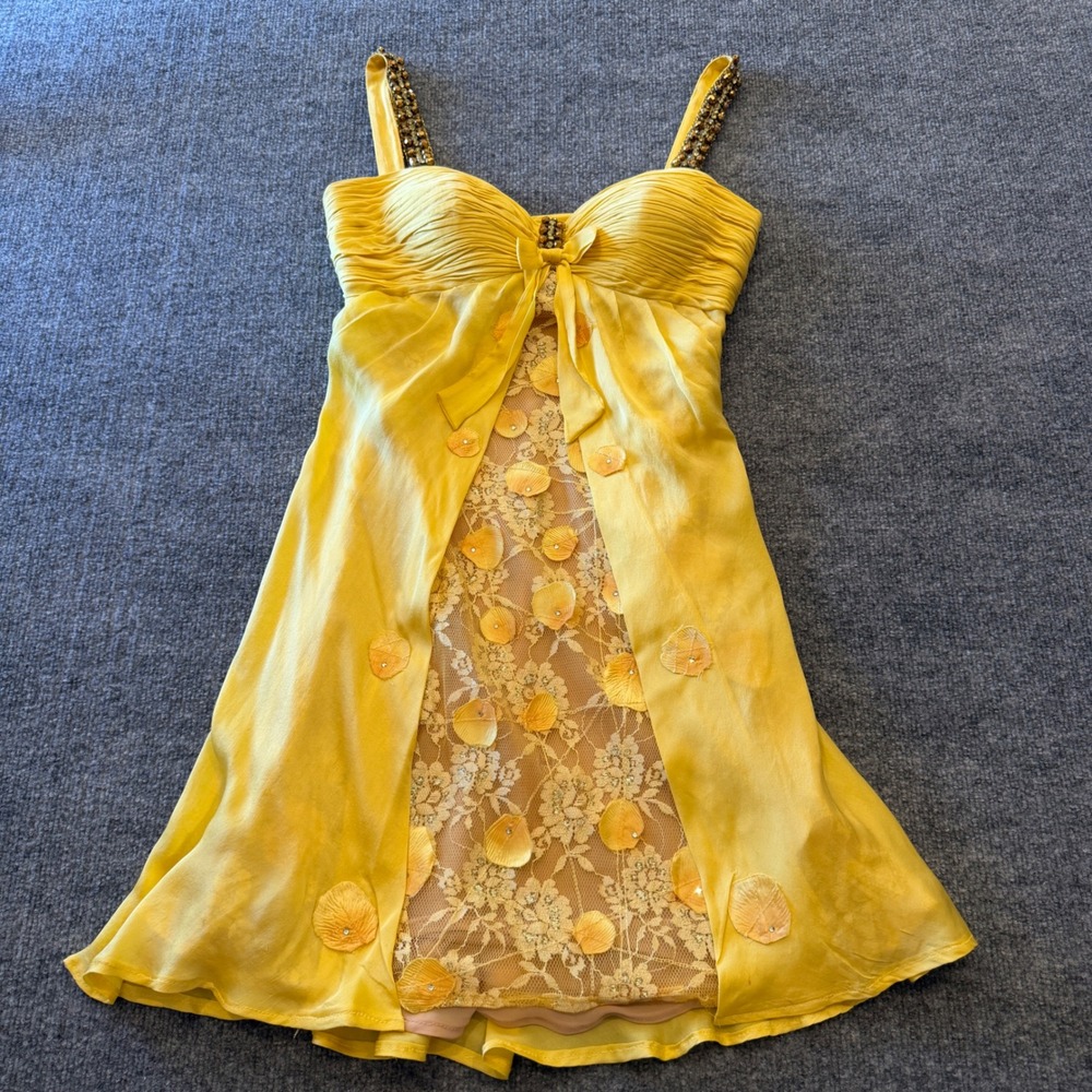 Vintage Alberto Makali Silk Lace Beaded Strap Yellow Cocktail Dress Size 6 Prom